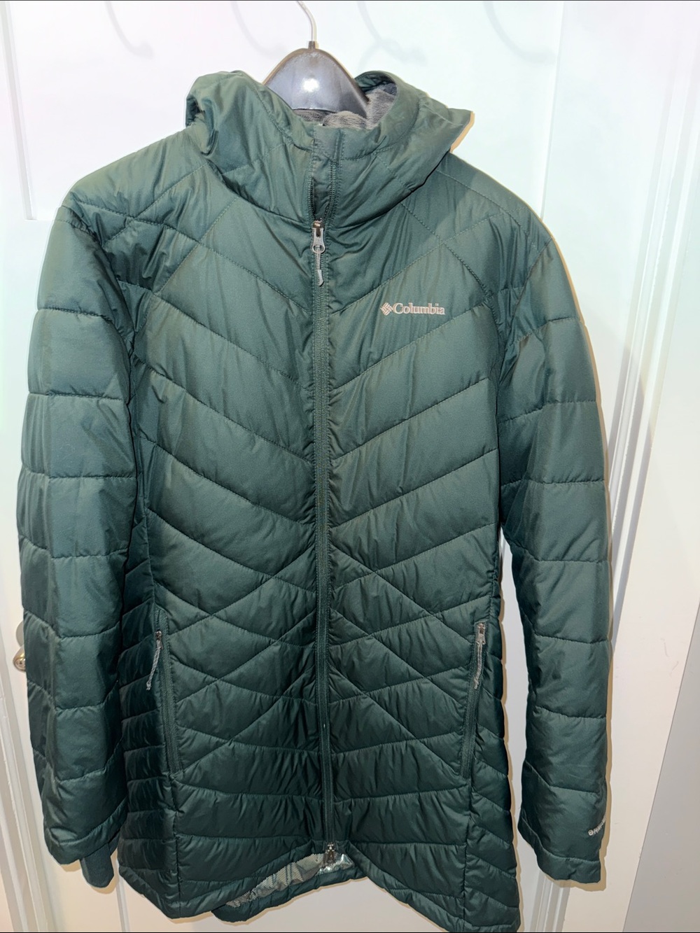 Columbia Women's Heavenly Hooded Long Jacket in Spruce 1X EUC